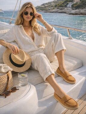 UGG Australia Leather Espadrille Loafers Fringe Tan Slip On Size 9.5